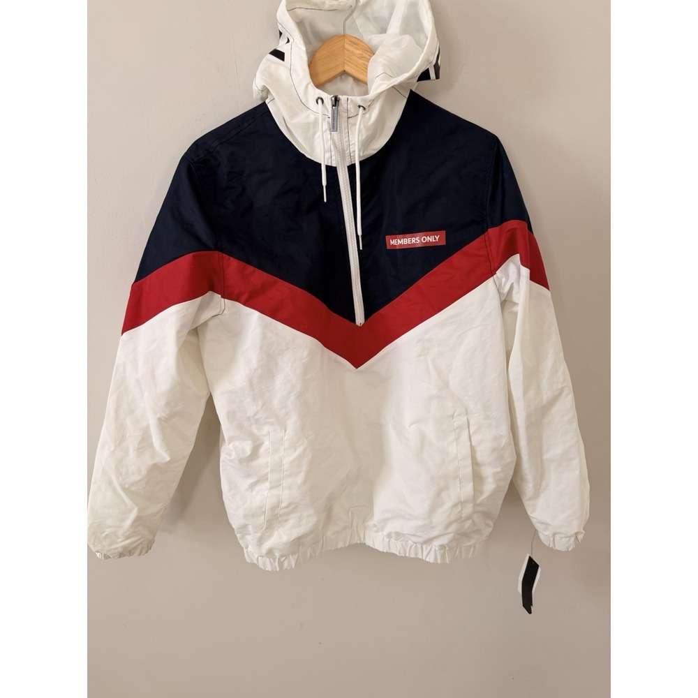 Members Only Sport Windbreaker Jacket Red White Blue Hooded Pullover Mens S NWT